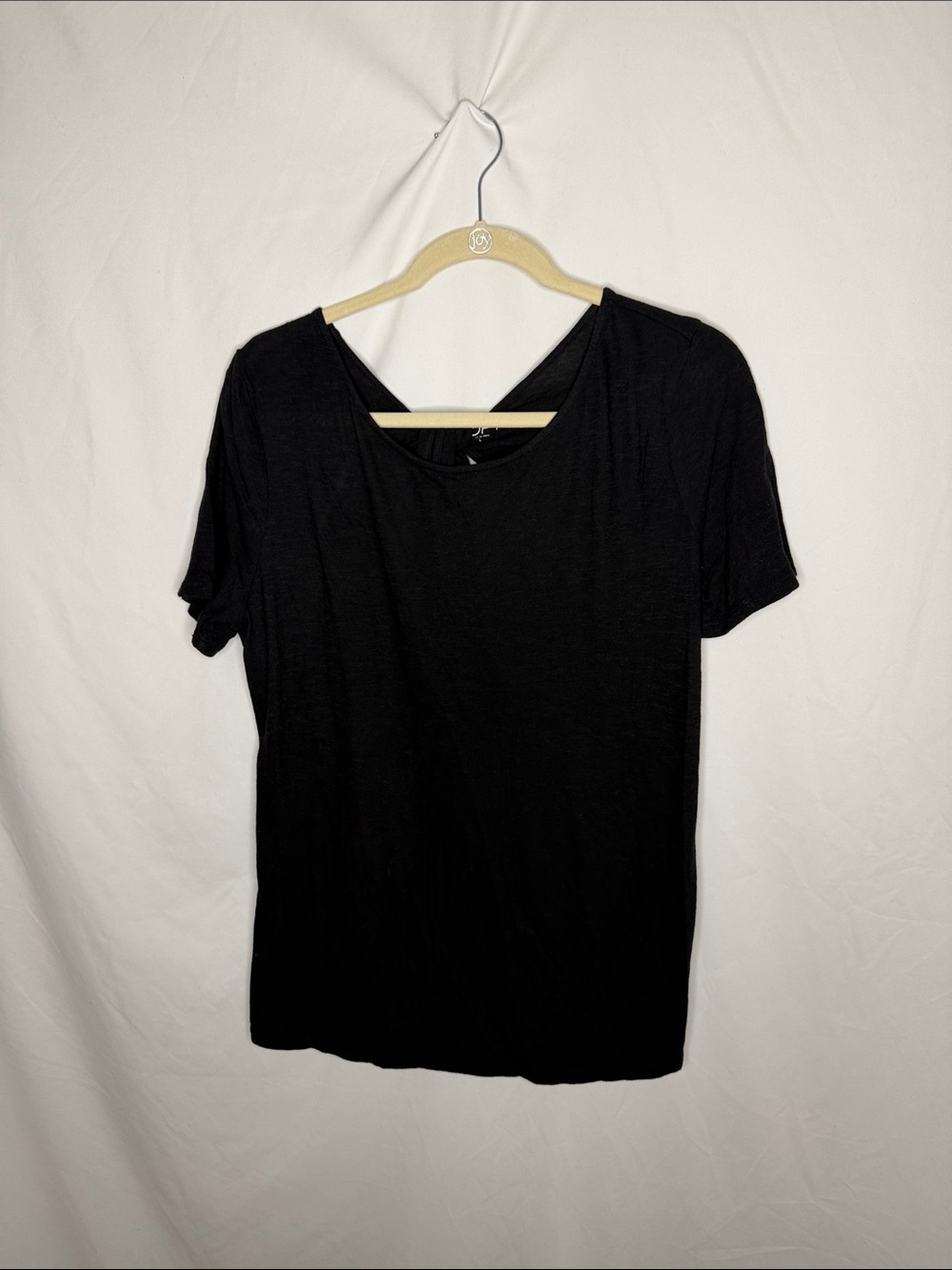 LOFT Black Short Sleeve V-Back Tee with open back and tie